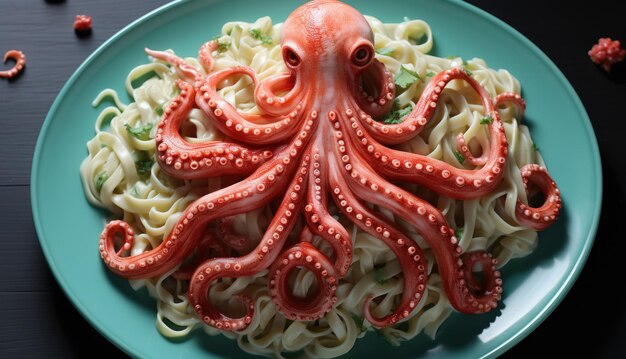 Foto ein oktopus sitzt auf einem teller mit pasta ai