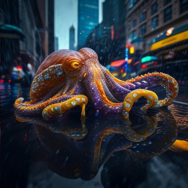 Ein Oktopus sitzt auf einer nassen Oberfläche in einer regnerischen Stadt.