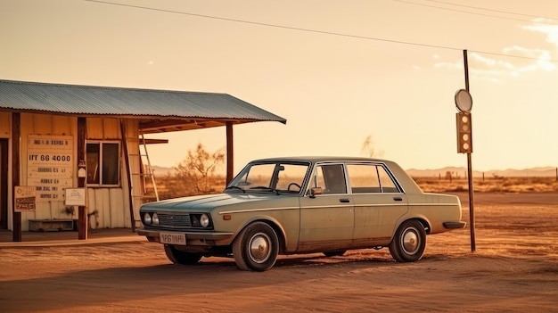 Foto ein oldtimer an der tankstelle in der wüste fernab der stadt