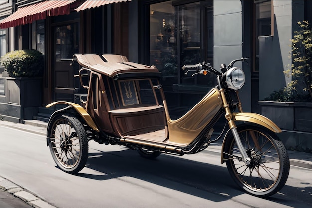 Ein Oldtimer-Dreirad mit einem Beiwagen im Hintergrund.