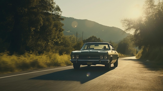 Ein Oldtimer fährt eine Landstraße entlang, auf der Motorhaube scheint die Sonne.