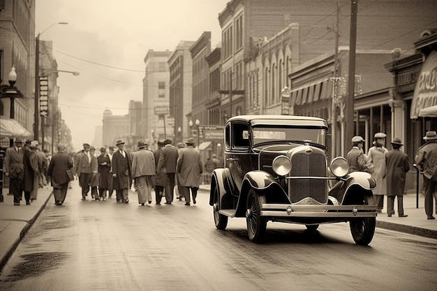 Ein Oldtimer fährt eine Straße entlang, im Hintergrund laufen Menschen.