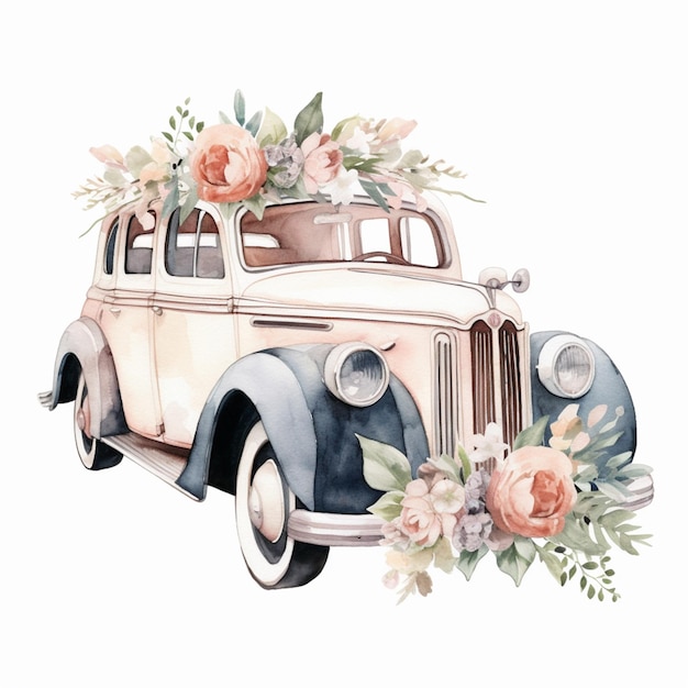 Ein Oldtimer mit Blumen auf dem Dach.