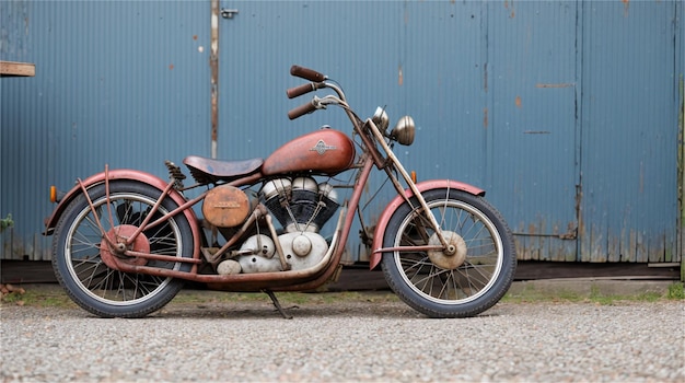 Ein Oldtimer-Motorrad parkt vor einer blauen Wand.