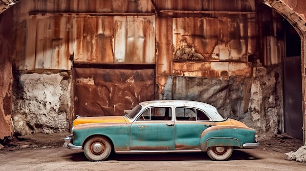 Ein Oldtimer parkt vor einer rostigen Mauer.