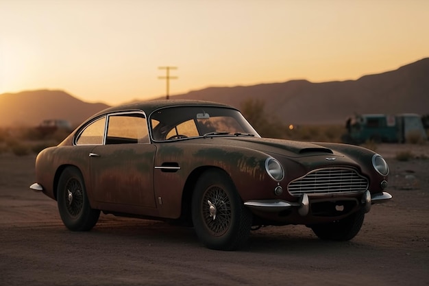 Ein Oldtimer von Aston Martin steht bei Sonnenuntergang in der Wüste.