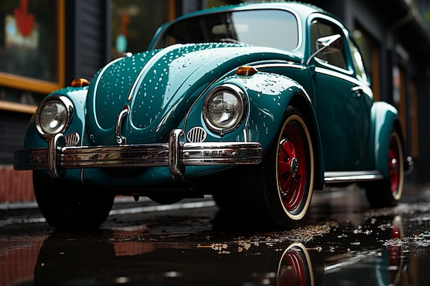 Foto ein oldtimer-vw-käfer mit regentropfen auf den scheinwerfern