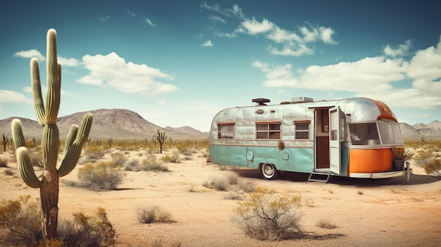 ein Oldtimer-Wohnwagen in der Wüste.