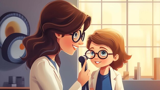 Ein Ophthalmologe überprüft das Augenlicht eines kleinen Mädchens mit einer binokularen Schlitzlampe