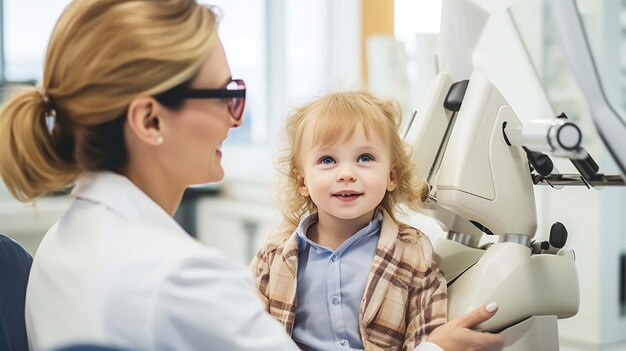 Ein Ophthalmologe überprüft das Augenlicht eines kleinen Mädchens mit einer binokularen Schlitzlampe