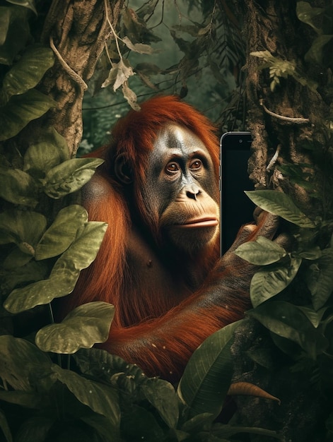 Ein Orang-Utan mit einem Telefon in der Hand