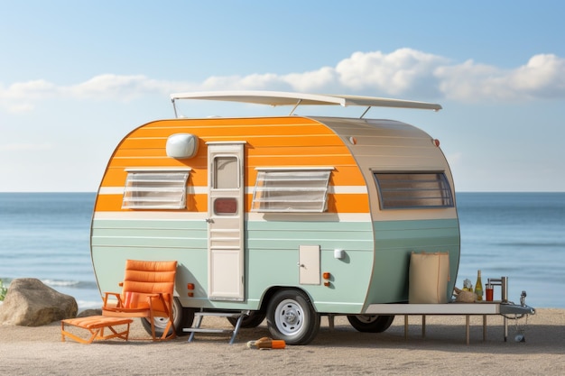 Ein orange-weißer Wohnwagen, der am Strand geparkt ist