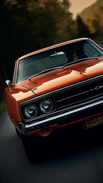 Ein orangefarbener Dodge Charger mit dem Nummernschild 019999