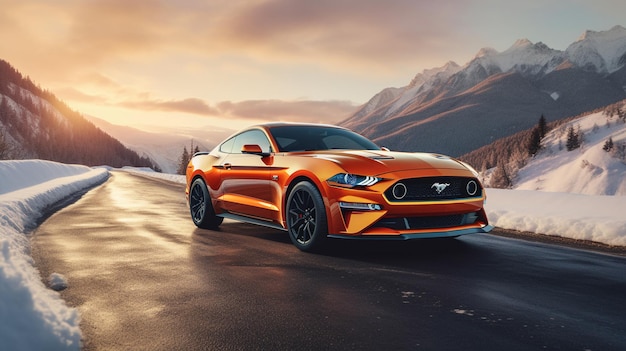 Ein orangefarbener Ford Mustang fährt auf einer verschneiten Straße.