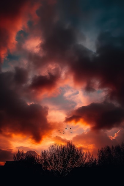 Ein orangefarbener Himmel mit darin fliegenden Vögeln im Stil dramatischer Lichteffekte atmosphärischer Wolken