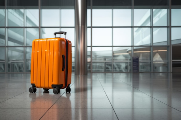 Ein orangefarbener Koffer im modernen Flughafengebäude Reisekonzept mit Platz für Text