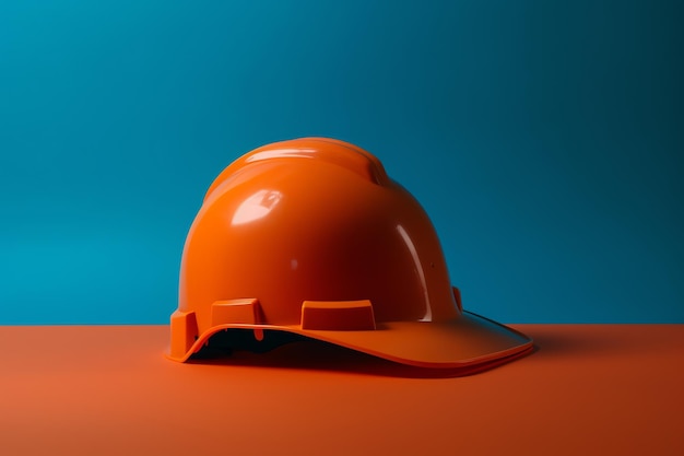 Ein orangefarbener Schutzhelm sitzt auf einer blau-orangefarbenen Oberfläche.