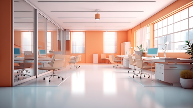 Ein orangefarbenes Büro mit einem weißen Schreibtisch und Stühlen.