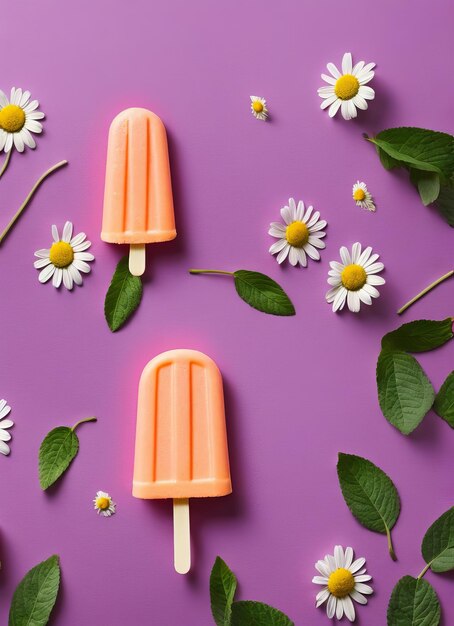 Ein orangefarbenes Eis am Stiel mit Blumen auf violettem Hintergrund