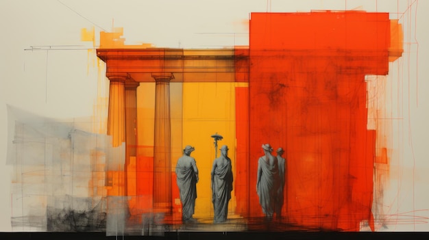 ein orangefarbenes Gemälde mit Figuren, die vor einer leuchtend orangefarbenen Tür stehen. Dieses vom Stil von George Digalakis inspirierte Kunstwerk zeigt klassische Architektur, die an Griechisch und Roma erinnert