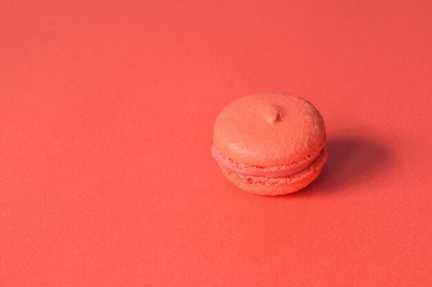 Ein orangefarbenes Macaron auf einem minimalistischen orangefarbenen Hintergrund.