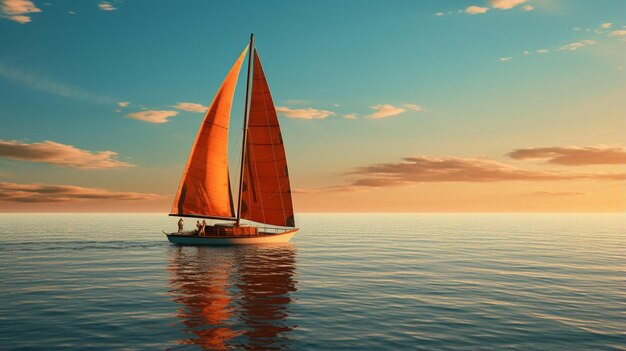 ein orangefarbenes Segelboot in der Sonne im Stil von hellem Himmelblau und Braun