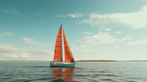 ein orangefarbenes Segelboot in der Sonne im Stil von hellem Himmelblau und Braun