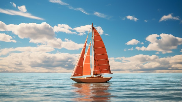 ein orangefarbenes Segelboot in der Sonne im Stil von hellem Himmelblau und Braun