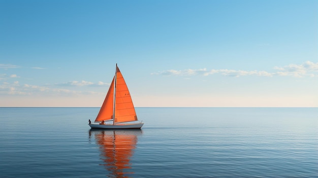 ein orangefarbenes Segelboot in der Sonne im Stil von hellem Himmelblau und Braun