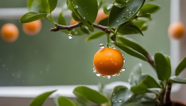 ein Orangenbaum mit Wassertropfen darauf und ein Zweig mit Wassertroppeln