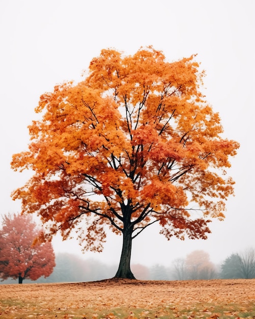 ein Orangenbaum mitten in einem nebligen Feld