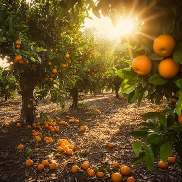 Ein Orangenfeld, auf das die Sonne scheint