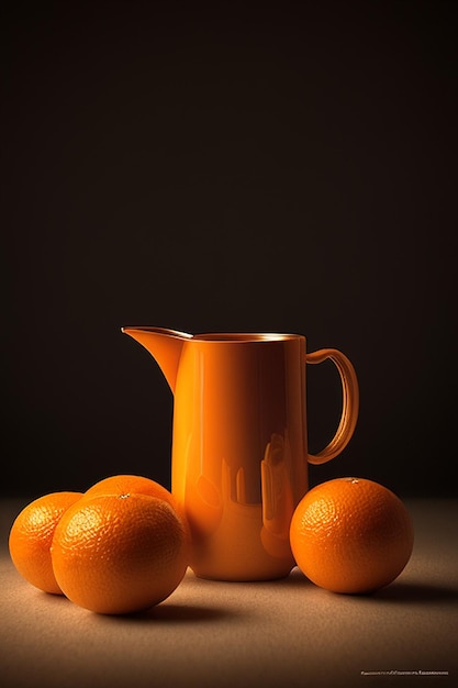 Ein Orangenkrug mit drei Orangen darauf