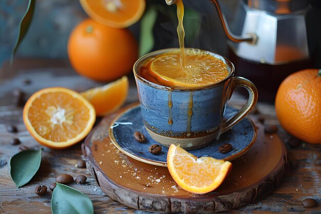 Foto ein orangensaft wird in eine tasse gegossen