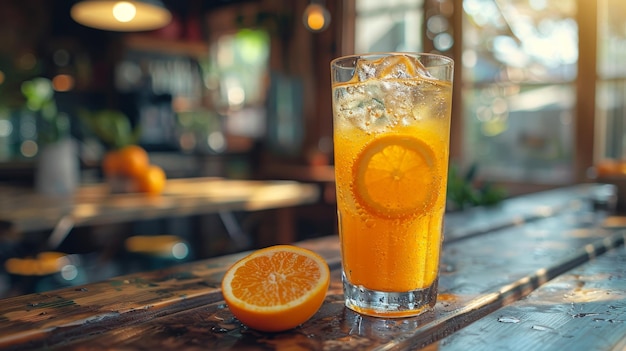 Ein Orangensaftglas mit frisch gepresstem Saft in einem tropischen Ferienortcafé