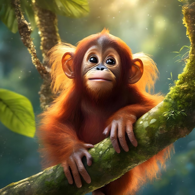 ein Orangutan sitzt in einem Baum mit einem grünen Blatthintergrund