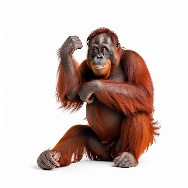 Ein Orangutan sitzt mit erhobenen Armen auf dem Boden.
