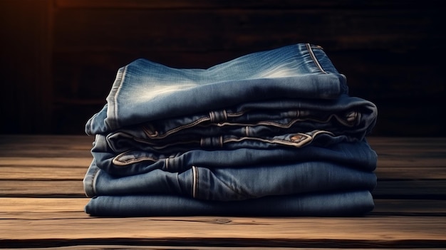 Foto ein ordentlicher stapel jeans, der auf einer schönen hölzernen oberfläche ruht