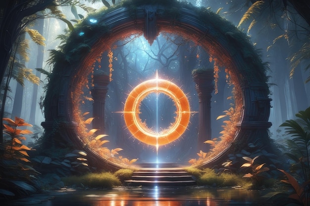 Foto ein orenfarbenes, leuchtendes portal im wald