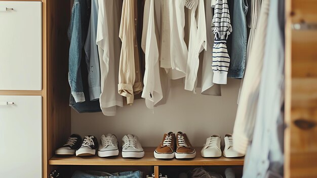 Foto ein organisierter schrank mit einer vielzahl von kleidung und schuhen