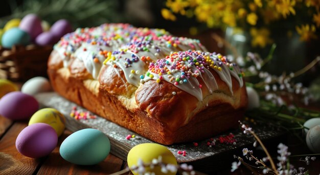 Foto ein osterbrot wird mit eiern und farbiger glasur geschmückt