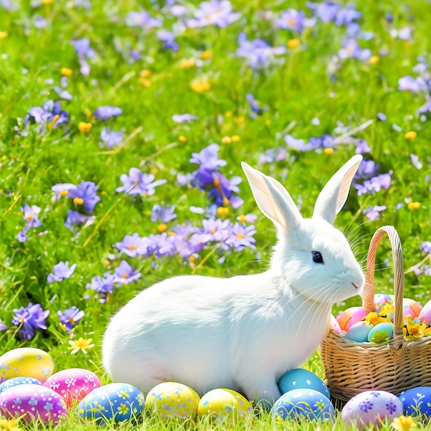 Ein Osterhase auf einer Sommerwiese mit gefärbten Eiern