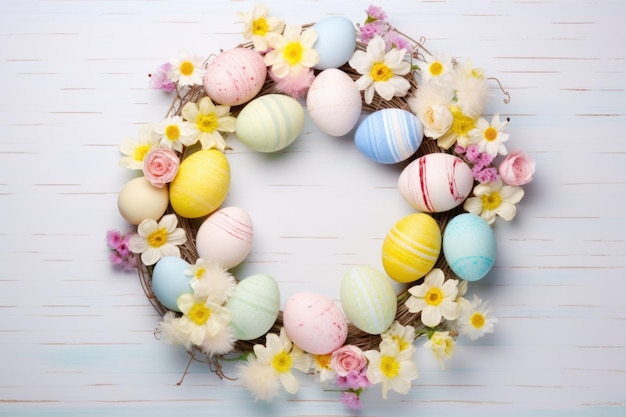 Ein Osterkranz mit pastellfarbenen Eiern und Frühlingsblumen