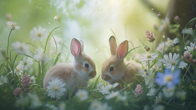 Ein Ostermorgen Ein Hase inmitten von Frühlingsblüten und bunten Eiern auf einem lebendigen Hintergrund