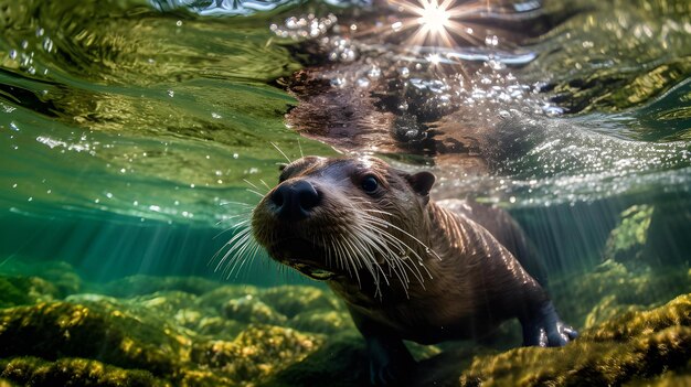 Foto ein otter, der im wasser schwimmt