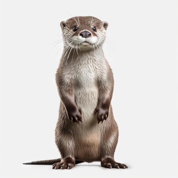 Ein Otter steht auf seinen Hinterbeinen und hat einen weißen Hintergrund.