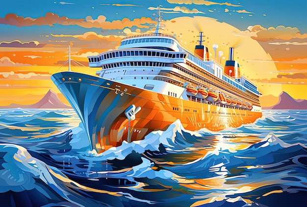 ein Ozean-Kreuzfahrtschiff fährt in einem großen See oder im Stil von hellorange und azurfarben