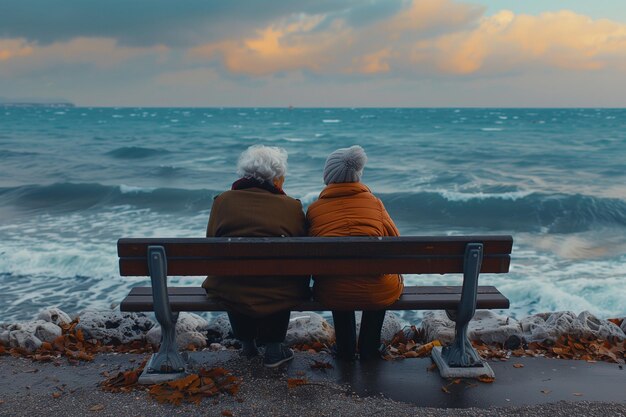 Foto ein paar älterer frauen auf einer bank am meer, rücksicht