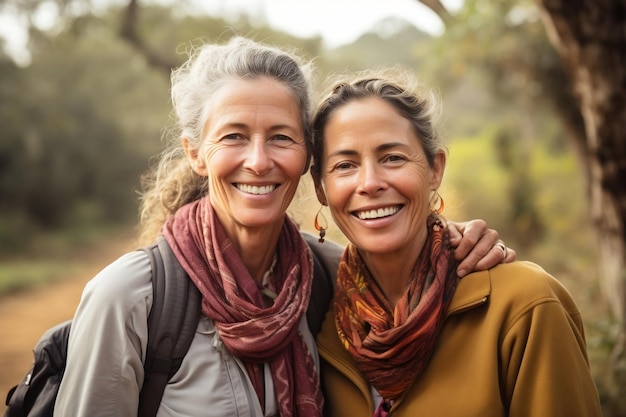 Ein Paar älterer Frauen, die in einer Outdoor-Umgebung mit generativer KI in die Kamera grinsen