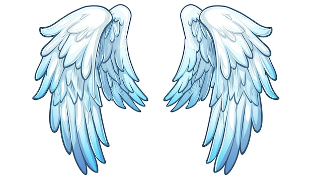 Ein Paar Angelflügel aus Zeichentrickfilmen Die Flügel sind weiß mit blauen Spitzen und ein paar blauen Federn, die überall verstreut sind